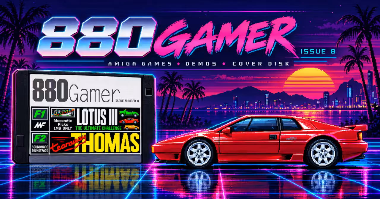 Synthwave banner for 880 Gamer Issue 8, featuring an Amiga floppy disk and red Lotus Esprit against a neon sunset and glowing grid.