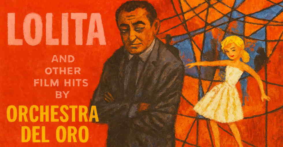 Lolita and other Film Hits – Orchestra Del Oro album artwork reimagined in 1960s oil-crayon style