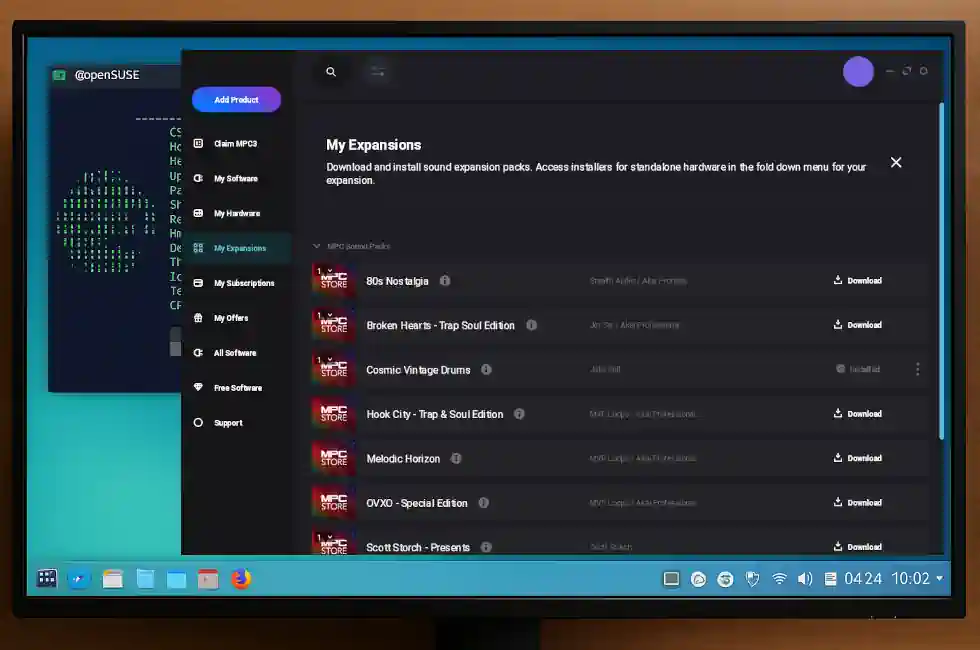 Simulated screenshot of the inMusic Software Download Center running on Linux via Wine