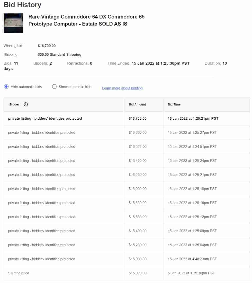 Commodore C65 eBay Listing 313821179657 auction bidding history