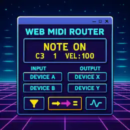 Retro-style illustration of the Web MIDI Router application used for inspecting and routing MIDI messages in a browser