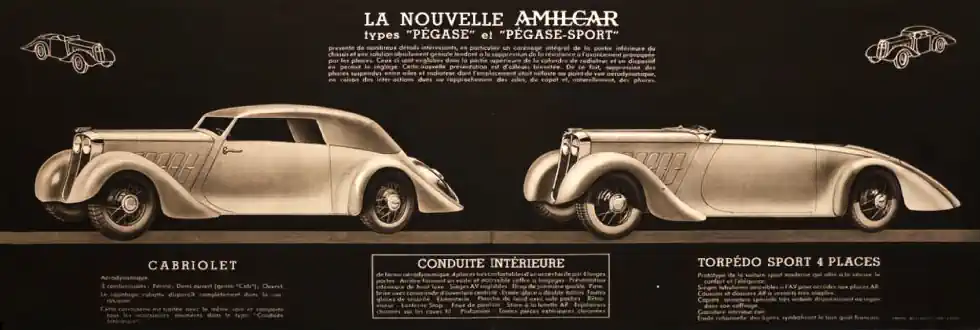 1936 Amilcar Pégase brochure beauty spread showing cabriolet and sport models