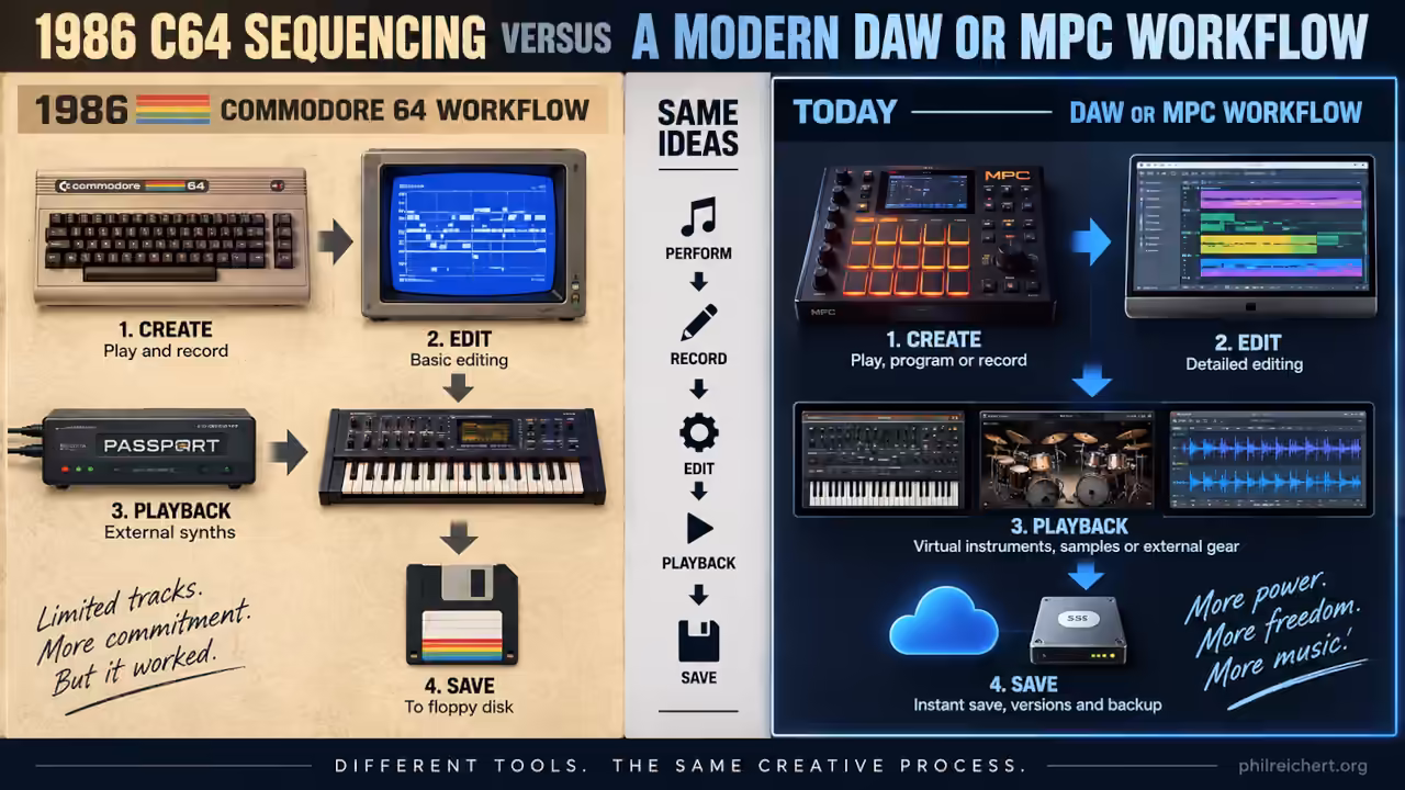Visual comparison of a 1986 Commodore 64 MIDI sequencing workflow with a modern DAW or MPC workflow.