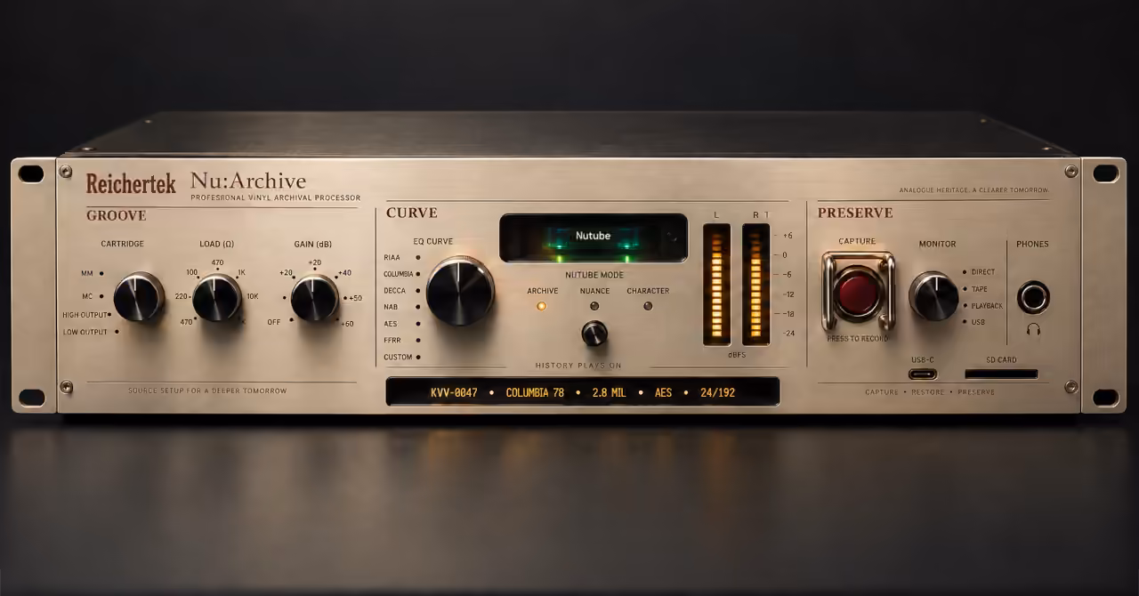 Concept rendering of the Reichertek Nu:Archive, a champagne-finished 2U phono preamplifier and high-resolution archival recorder.
