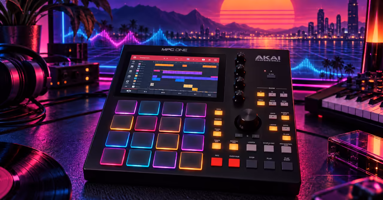 Black MPC One with sixteen illuminated drum pads in a neon synthwave studio, overlooking a city skyline beneath an orange sunset.