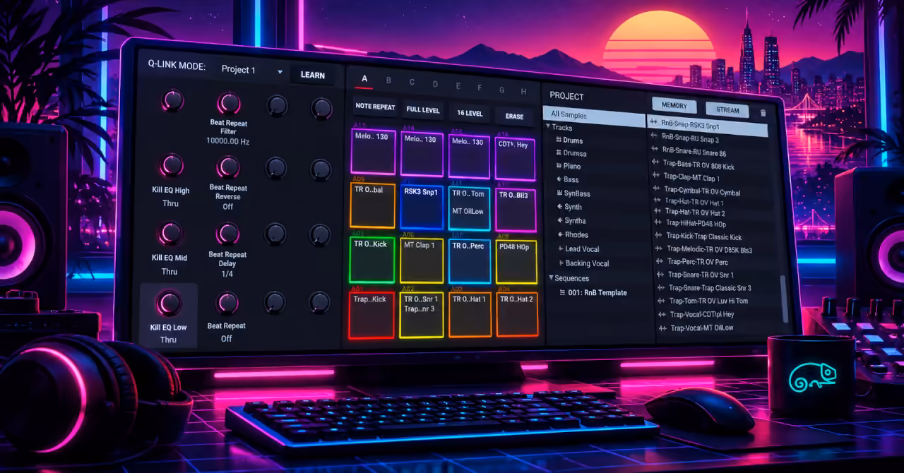 Synthwave illustration of MPC software on a widescreen monitor, with colourful pads, neon lighting and a sunset city skyline.