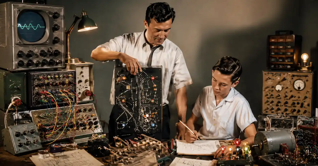 GENIAC analogue computer kit with visible logic circuits (conceptual illustration)