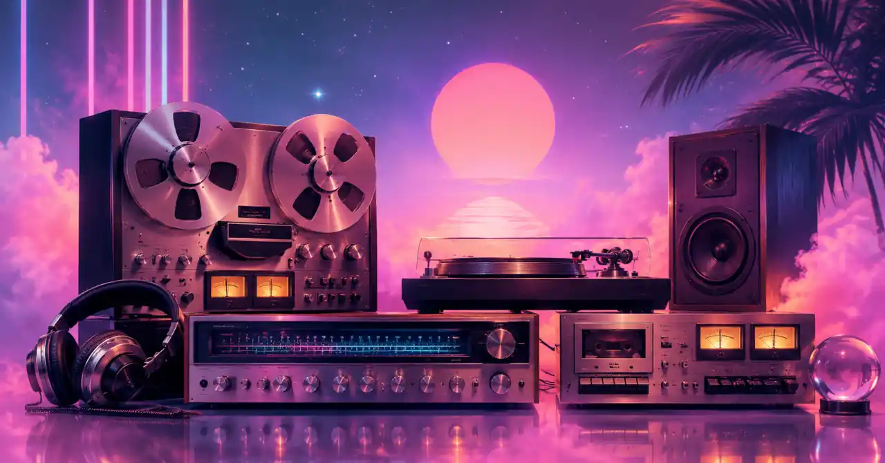 Vintage audio bathed in a dreamlike 1980s pastel glow.