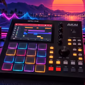 MPC One with sixteen illuminated drum pads in a neon synthwave studio